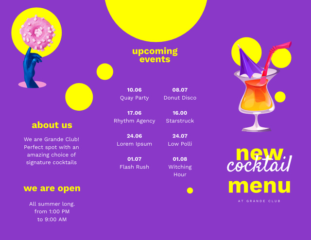 Ontwerpsjabloon van Brochure 8.5x11in Z-fold van New Cocktail Menu Ad with Glass and Donut in Purple