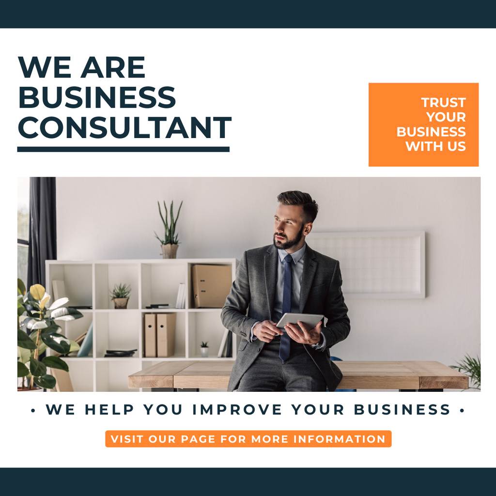 Template di design Business Consulting Agency Services with Businessman on Workplace LinkedIn post