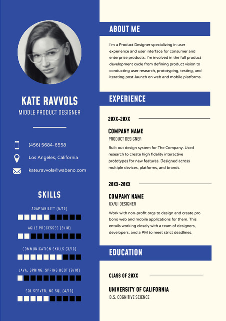 Plantilla de diseño de Product Designer Skills and Experience Resume 