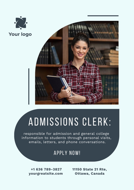 Admissions Clerk Services with Woman with Book Poster Design Template