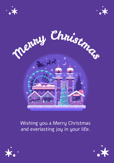 Christmas Wishes with Winter Town in Violet Postcard A5 Vertical – шаблон для дизайну