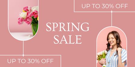 Spring Sale with Young Woman with Tulips Twitter Design Template