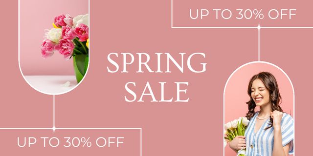 Spring Sale with Young Woman with Tulips with Collage Twitterデザインテンプレート
