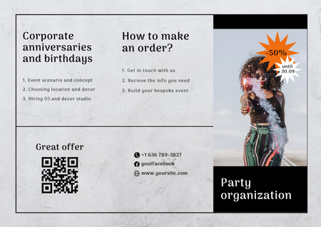 Designvorlage Unvergessliches Party-Organisationsangebot mit einer Frau in hellem Outfit für Brochure