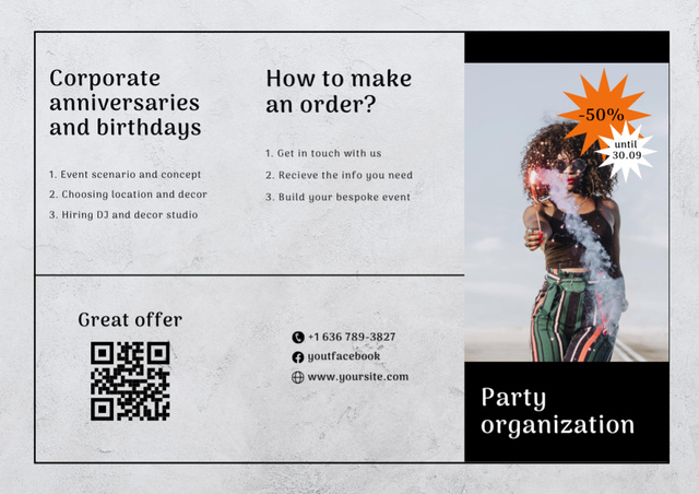 Party Organization Services Offer with Woman in Bright Outfit Brochure Design Template