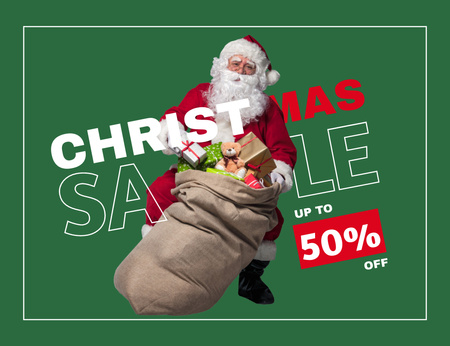 Plantilla de diseño de Santa with Gifts in Sack for Christmas Sale Green Thank You Card 5.5x4in Horizontal 