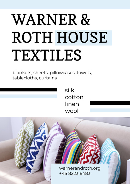 Home Textiles Ad with Pillows on Sofa Poster Πρότυπο σχεδίασης