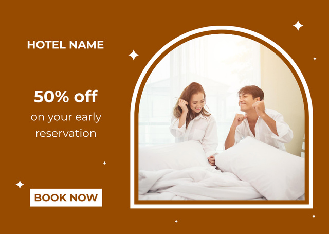 Ontwerpsjabloon van Card van Luxury Hotel Ad with Couple in Bed