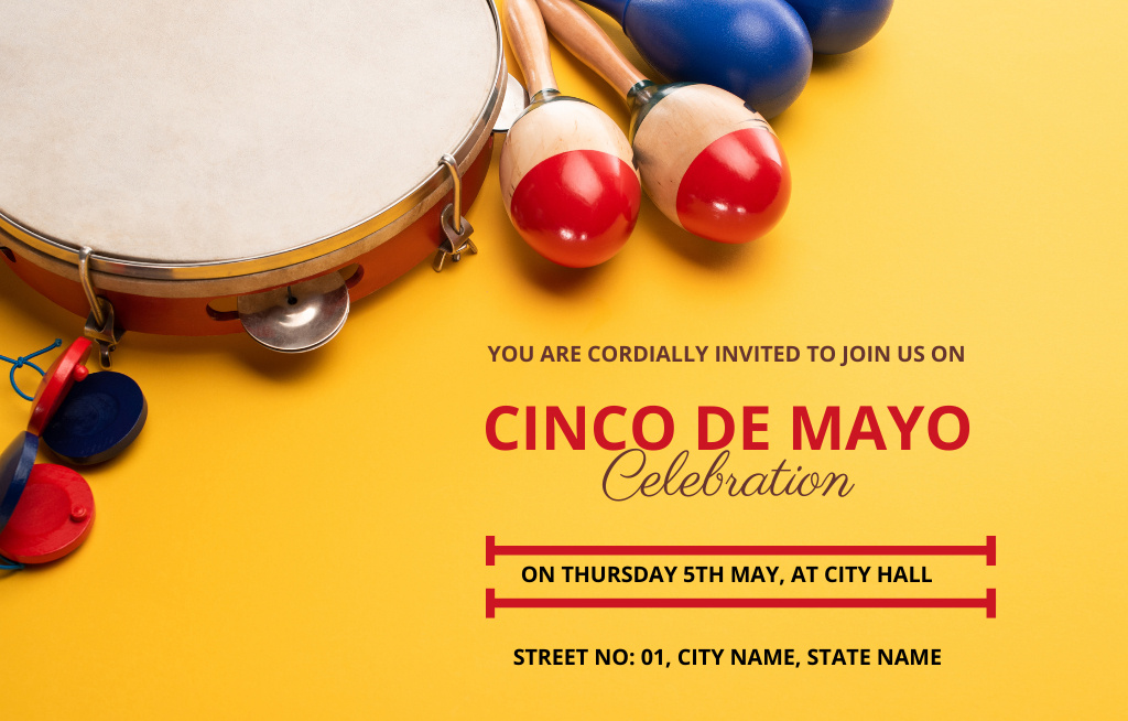 Cinco de Mayo Celebration With Maracas And Tambourine on Yellow Invitation 4.6x7.2in Horizontal Design Template