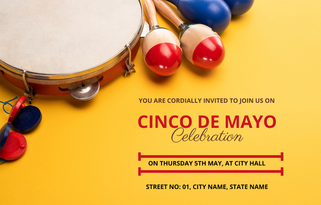 Cinco de Mayo Celebration With Maracas And Tambourine on Yellow Invitation 4.6x7.2in Horizontal – шаблон для дизайна