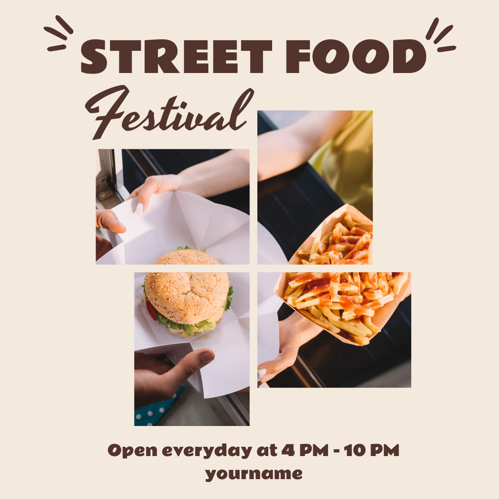 Street Food Festival Invitation with Burger and French Fries Instagram Tasarım Şablonu