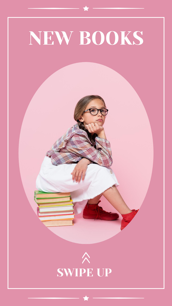 Cute Girl Sitting on Pile of Books Instagram Story – шаблон для дизайну