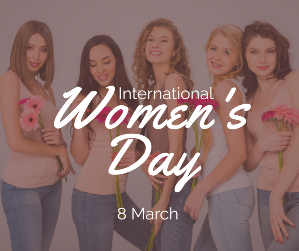 International Women's Day Celebration with Smiling Women Facebook Modelo de Design