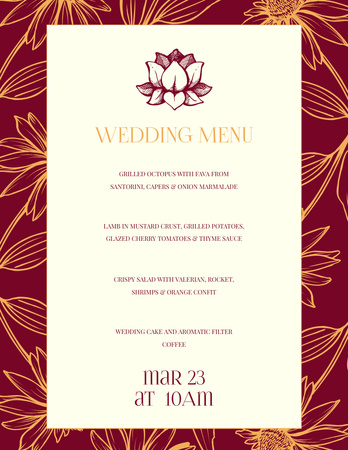 Список свадебных блюд с эскизом цветов на красном Menu 8.5x11in – шаблон для дизайна