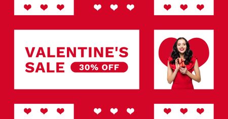 Valentine's Day Sale with Brunette in Red Facebook AD Design Template