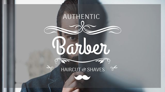 Barbershop Ad with Man with Beard and Mustache Titleデザインテンプレート