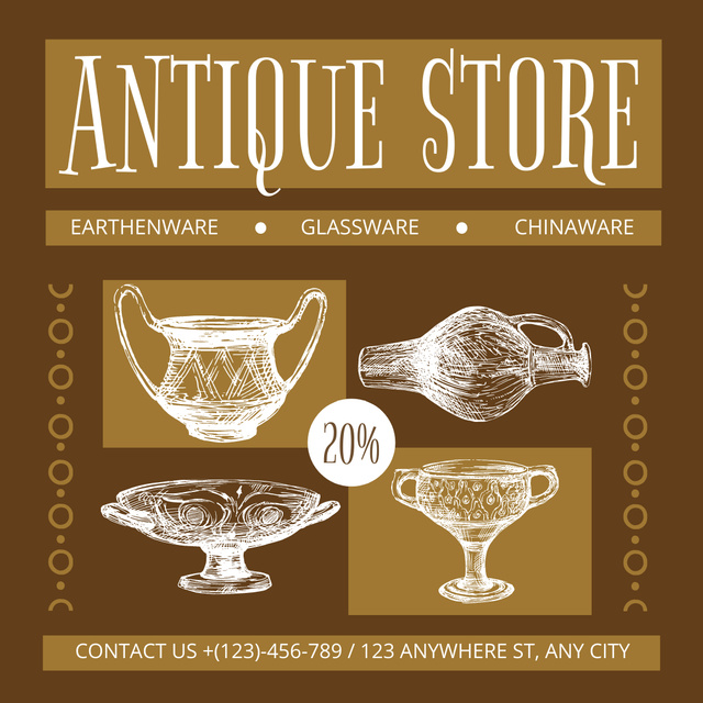 Various Type Of Dishware With Discounts In Antiques Shop Instagram AD Design Template