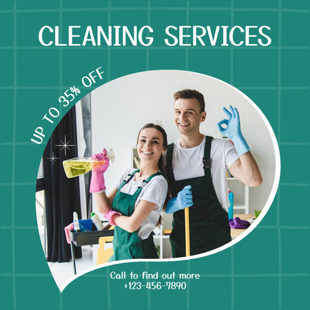 Cleaning Service Ad with Smiling Team Instagram ADデザインテンプレート