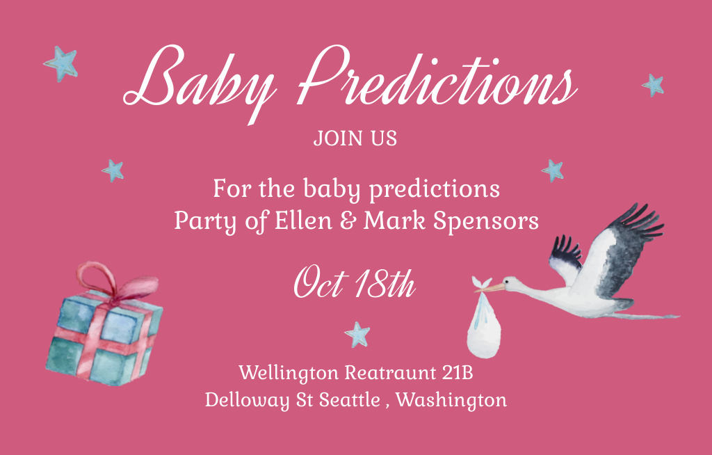 Szablon projektu Baby Predictions On Party With Stork Carrying Baby Invitation 4.6x7.2in Horizontal
