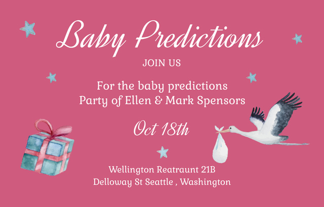 Baby Predictions On Party With Stork Carrying Baby Invitation 4.6x7.2in Horizontalデザインテンプレート