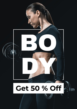 Designvorlage Fitnessstudio-Werbung mit Fitness-Frau mit Hanteln für Poster