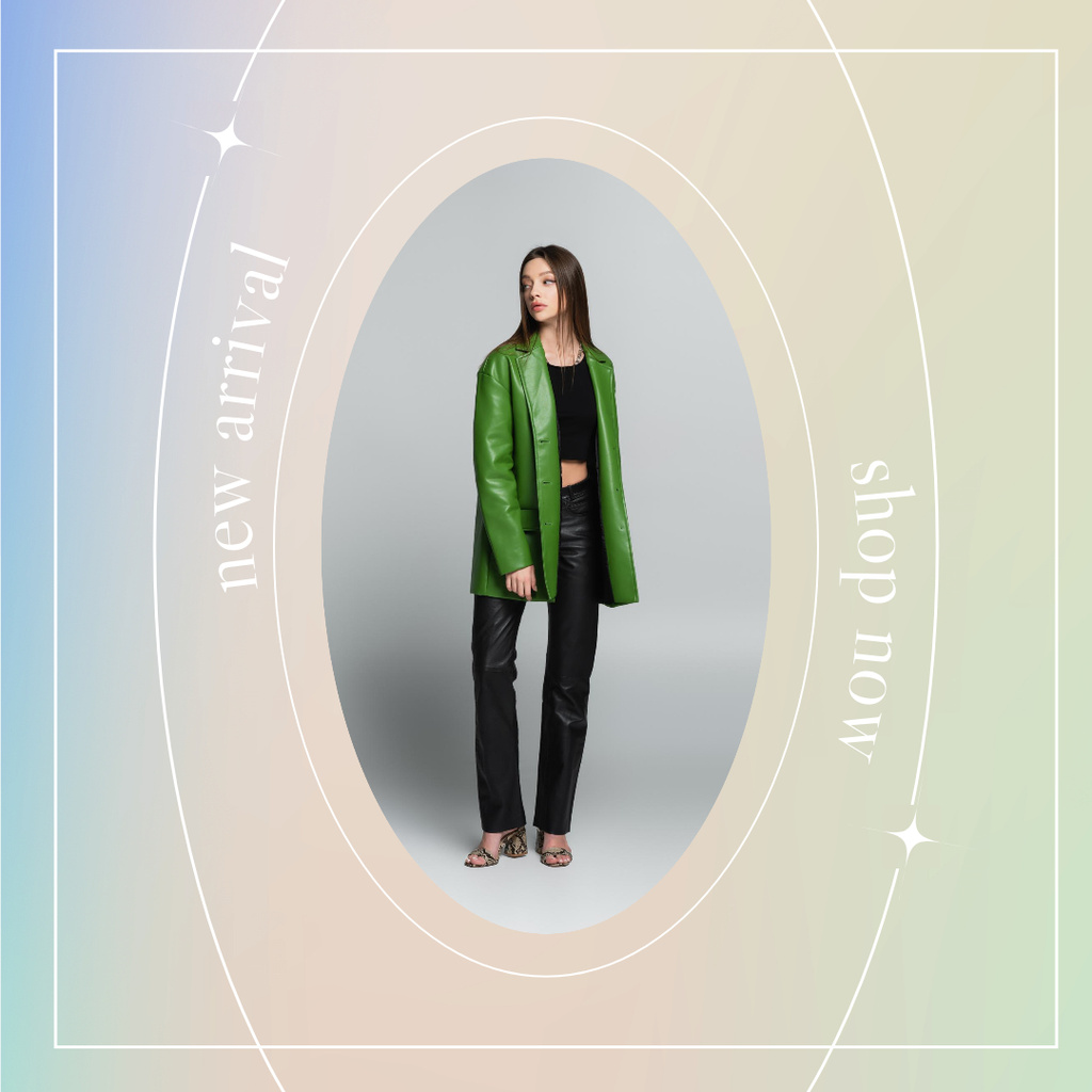 New Clothing Collection Ad with Young Woman in Green Jacket Instagram Šablona návrhu
