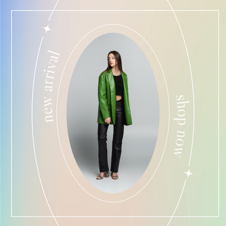 New Clothing Collection Ad with Young Woman in Green Jacket Instagram Design Template