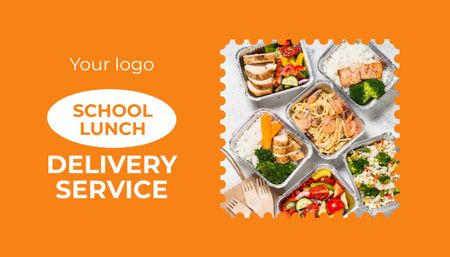 Template di design Pranzo scolastico gustoso con offerta di servizio di consegna in arancione Business Card US