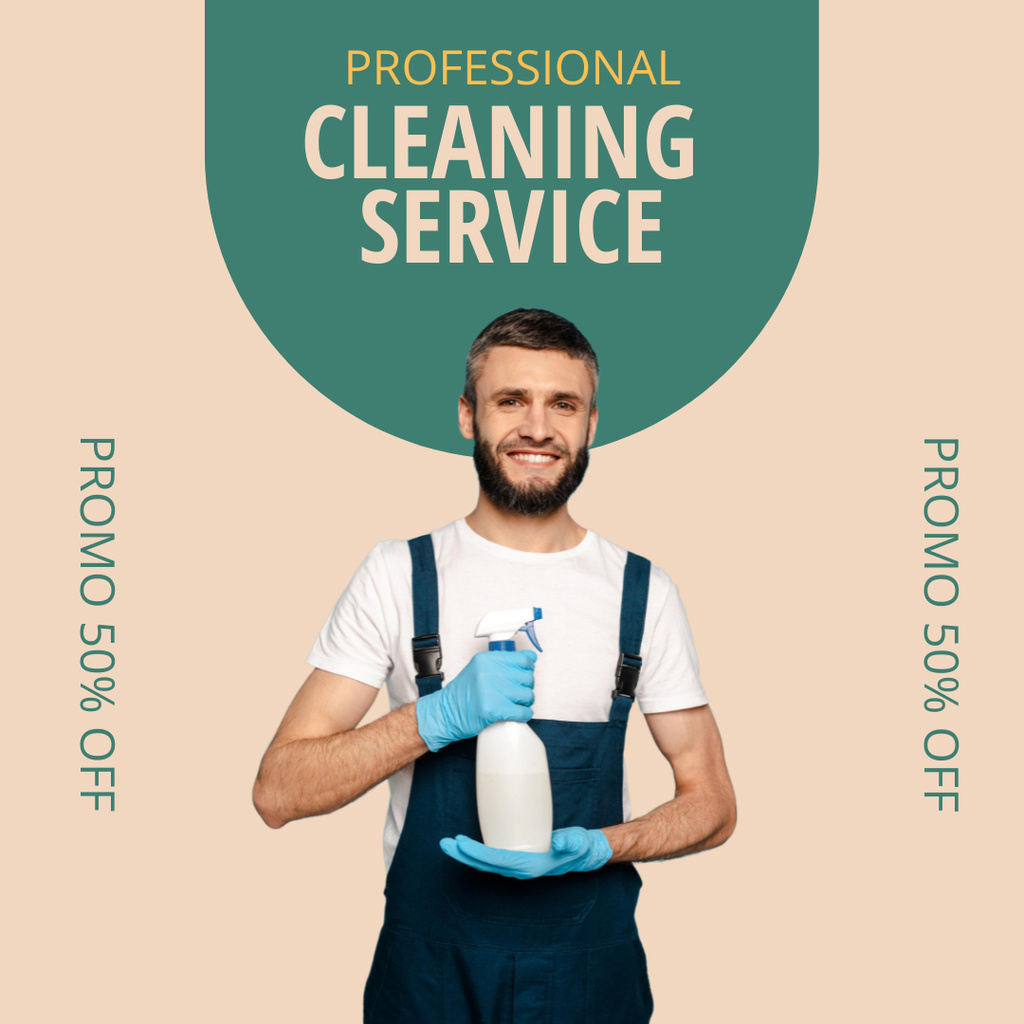 Professional Cleaning Service Offer with a Man with Detergent Instagram AD Design Template