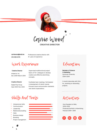 Modèle de visuel Compétences et expérience du directeur créatif sur le gris et le rouge - Resume