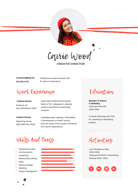 Creative Director Skills and Experience on Grey and Red Resume Modelo de Design