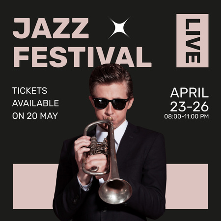 Jazzfesztivál bejelentése trombitán játszó férfival Instagram AD tervezősablon