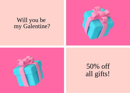 Galentine's Day Discount Offer with Blue Gift Boxes Postcard 5x7in Design Template