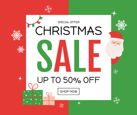 Christmas Sale Ad with Santa Claus and Gifts Boxes Facebook Design Template