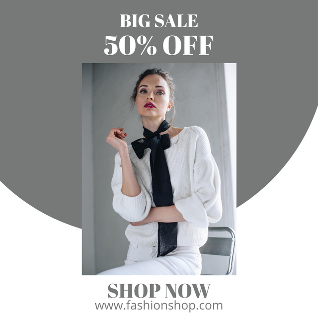 Designvorlage Big Sale Announcement with Attractive Woman In Gray für Instagram