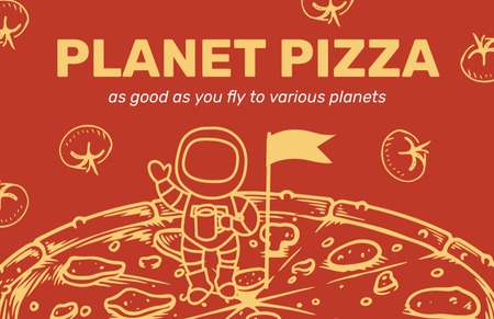 Modèle de visuel Offre de pizza avec astronaute de dessin animé sur rouge - Business Card 85x55mm