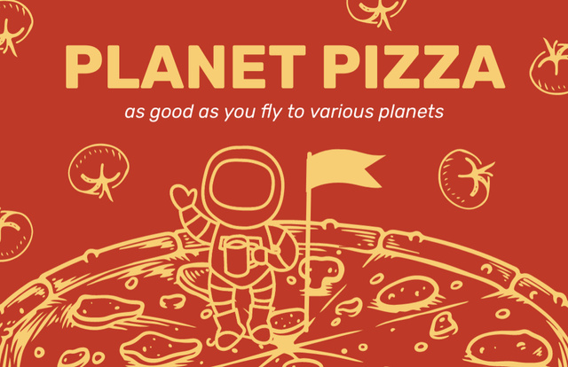 Pizza Offer with Cartoon Astronaut on Red Business Card 85x55mm Tasarım Şablonu