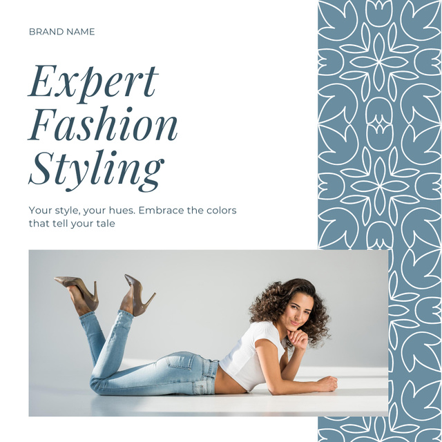 Expert Fashion Styling Services Ad on Blue and White Instagramデザインテンプレート