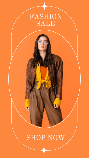Fashion Sale Ad with Woman in Yellow and Brown Outfit Instagram Story Tasarım Şablonu