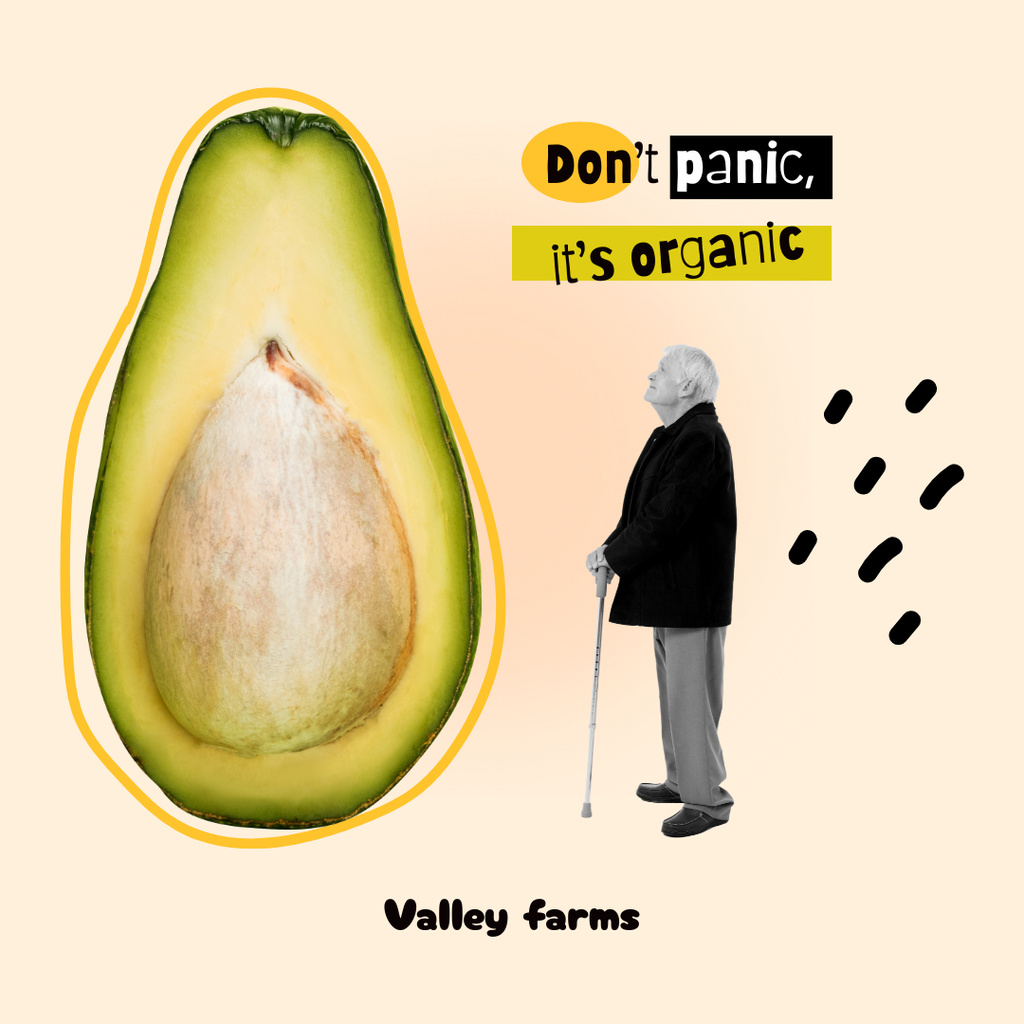 Funny Illustration of Old Man with Huge Avocado Instagramデザインテンプレート