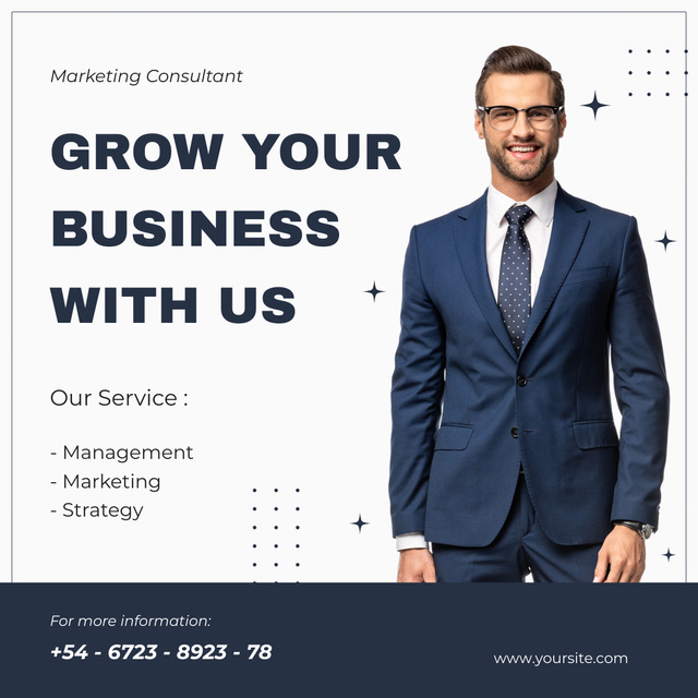 Business Growing Services Ad with Happy Businessman LinkedIn postデザインテンプレート
