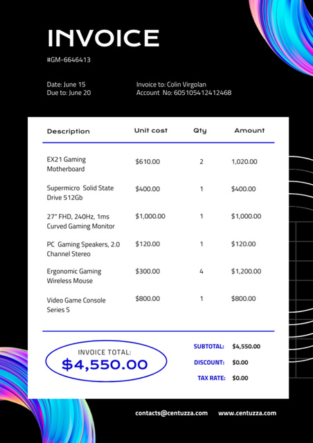 Template di design Gaming Gear Purchase Offer on Black Invoice