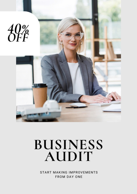 Business Audit Services Ad with Confident Businesswoman Flyer A4 Πρότυπο σχεδίασης