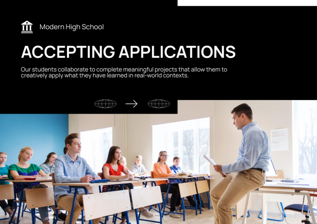 Designvorlage School Apply Announcement with Students in Classroom für Flyer A5 Horizontal