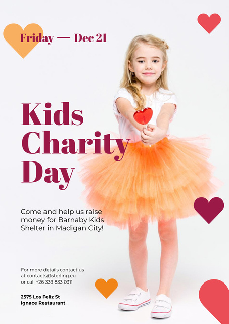 Ontwerpsjabloon van Poster van Kids Charity Day with Girl with Heart Candy