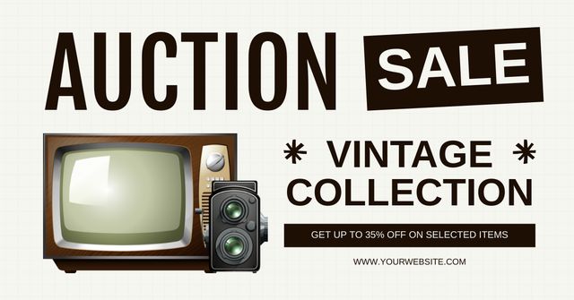 Lovely Auction Sale With Vintage TV And Camera Offer Facebook AD Modelo de Design