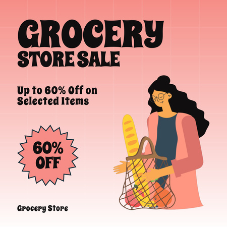 Grocery Store Sale with Woman holding Bag Animated Post Design Template
