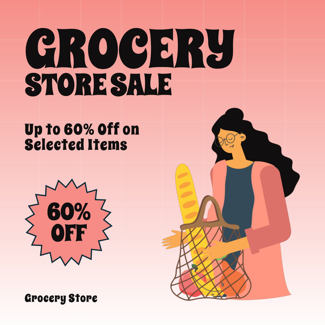 Grocery Store Sale with Woman holding Bag Animated Post Tasarım Şablonu