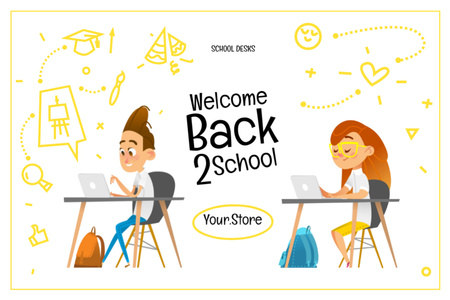 Back to School With Desks And Laptops Illustration In White Postcard 4x6in Design Template