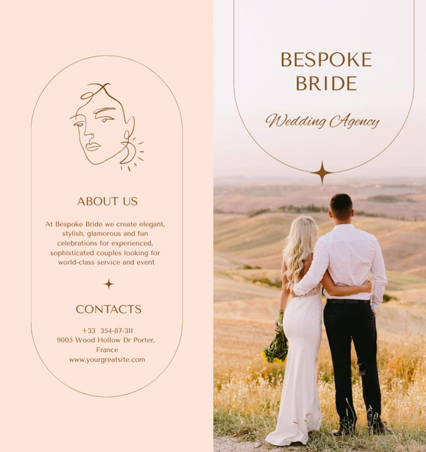 Platilla de diseño Happy Newlyweds on Wedding Day with Floral Bouquet Brochure Din Large Bi-fold